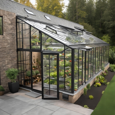 AI-generated prototype image of a lean-to greenhouse with sleek glass-like panels attached to a brick home, showcasing tiered shelves filled with vibrant greenery and vegetables.