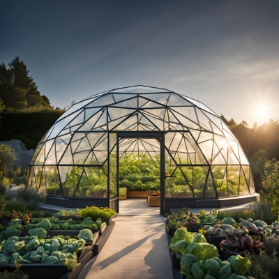 AI-generated prototype image of a geo dome greenhouse with a sleek, energy-efficient design, surrounded by raised vegetable beds and illuminated by soft sunlight for sustainable gardening.