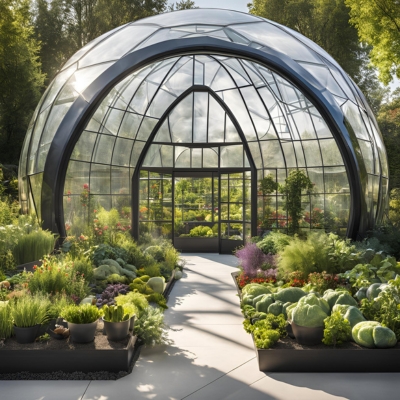 AI-generated prototype image of a geo dome greenhouse with a modern curved structure, surrounded by vibrant vegetable beds and lush greenery, showcasing an innovative and efficient gardening solution.