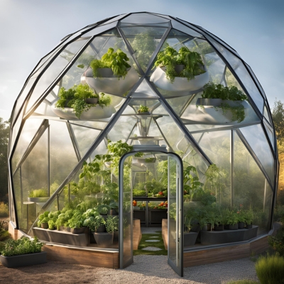 AI-generated prototype image of a geo dome greenhouse featuring vertical hanging planters and a variety of lush greenery, designed to maximize space and promote efficient gardening.
