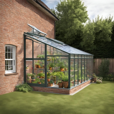 AI-generated prototype image of a lean-to greenhouse with green framing and glass panels, attached to a brick house, filled with potted plants and vegetables, showcasing a practical gardening solution.