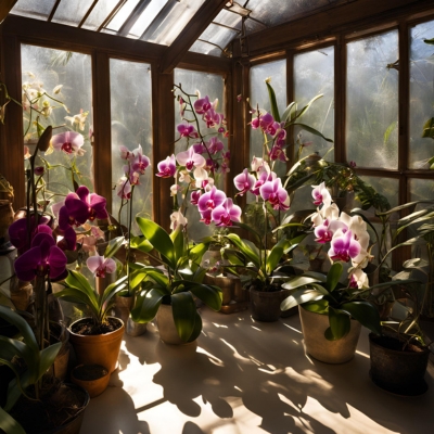 AI-generated prototype image of a greenhouse with sunlight streaming through the windows, highlighting vibrant pink and white orchids in various pots on a clean, light-colored surface. The orchids are surrounded by lush green foliage, creating a serene and elegant ambiance.