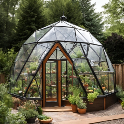 A beautiful glass greenhouse with lush plants inside.