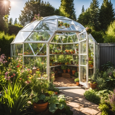 A beautiful glass greenhouse with lush plants inside.