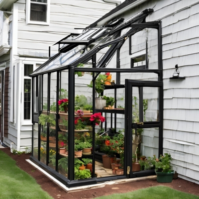Compact lean-to greenhouse with a black frame attached to a white house, featuring clear glass panels. Inside, shelves hold vibrant flowering plants and potted greenery. A neatly landscaped lawn surrounds the structure, completing the cozy backyard setup.