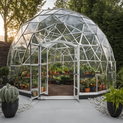 A modern geo dome greenhouse with an open door, featuring neatly arranged plants inside. The exterior is adorned with stylish potted greenery and a smooth concrete pathway, set amidst a tranquil garden setting.